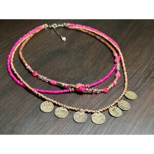 Vintage Gold Tone Bohemian Beaded Coin Charm Necklace Fashion Jewelry